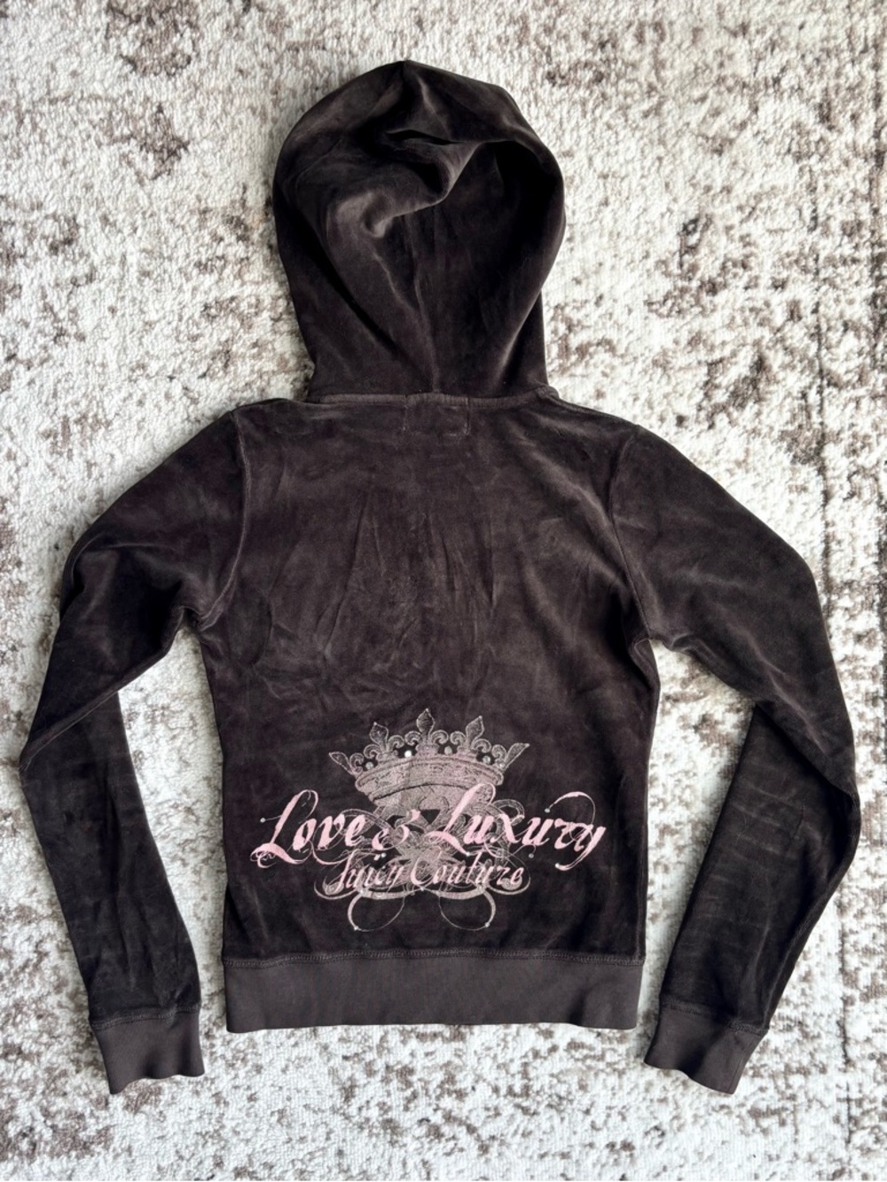 Vintage Y2K Juicy Couture Brown Velour Zip Hoodie with Pink ‘Love&Luxury’ Print